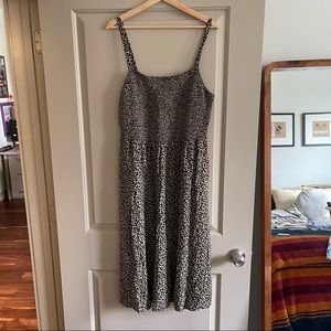 Smocked Leopard Print Midi Dress